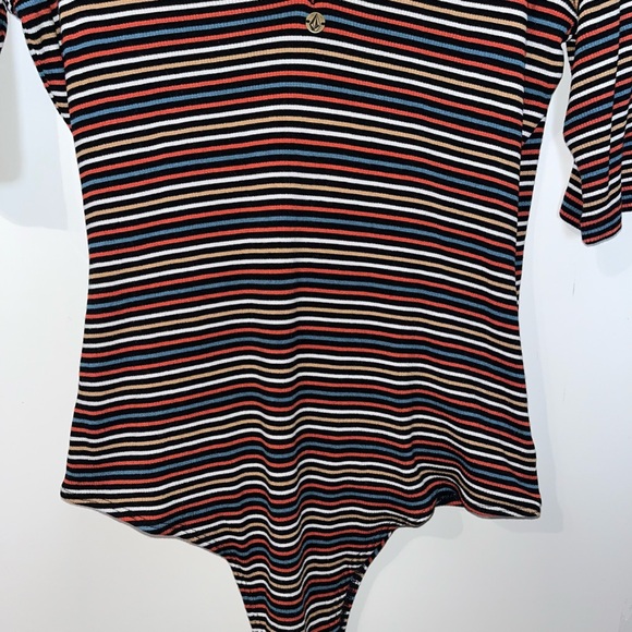 VOLCOM Strype Hype Bodysuit woman's size medium multi color striped deep v neck - Picture 10 of 14